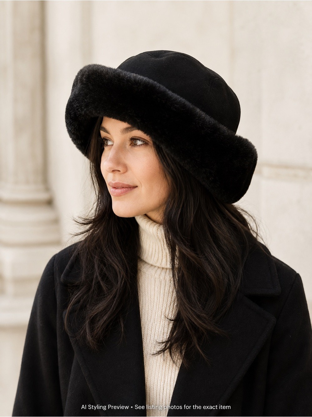 FRR Black Genuine Shearling Sheepskin Wide Brim Winter Hat Medium